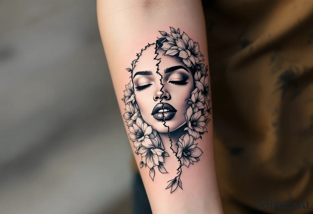 Broken black woman pieced back together surrounded by flowers tattoo idea