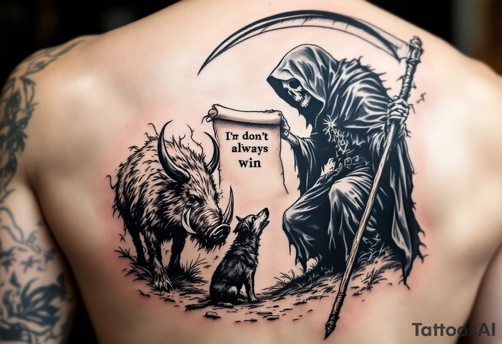 Grim reaper looking down on a hunting dog with a big feral boar while holding a scythe and scroll. The scroll has the words “You dont always win” written on it tattoo idea