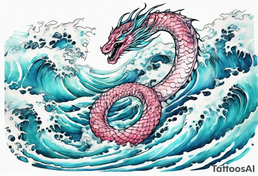 a turquoise and white and pink sea serpent with beautiful eyes rising from the blue waves of the ocean tattoo idea