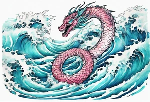 a turquoise and white and pink sea serpent with beautiful eyes rising from the blue waves of the ocean tattoo idea