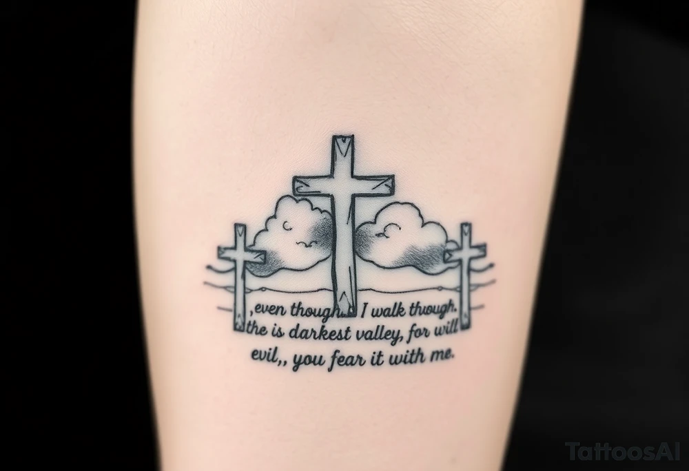 3 crosses, clouds, even though I walk through the darkest valley, I will fear no evil, for you are with me tattoo idea
