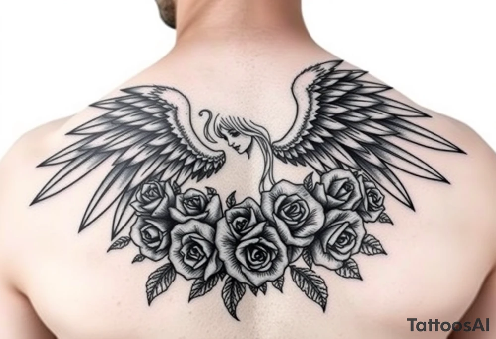 Dark fallen angel with roses tattoo idea