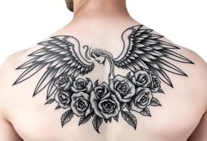 Dark fallen angel with roses tattoo idea