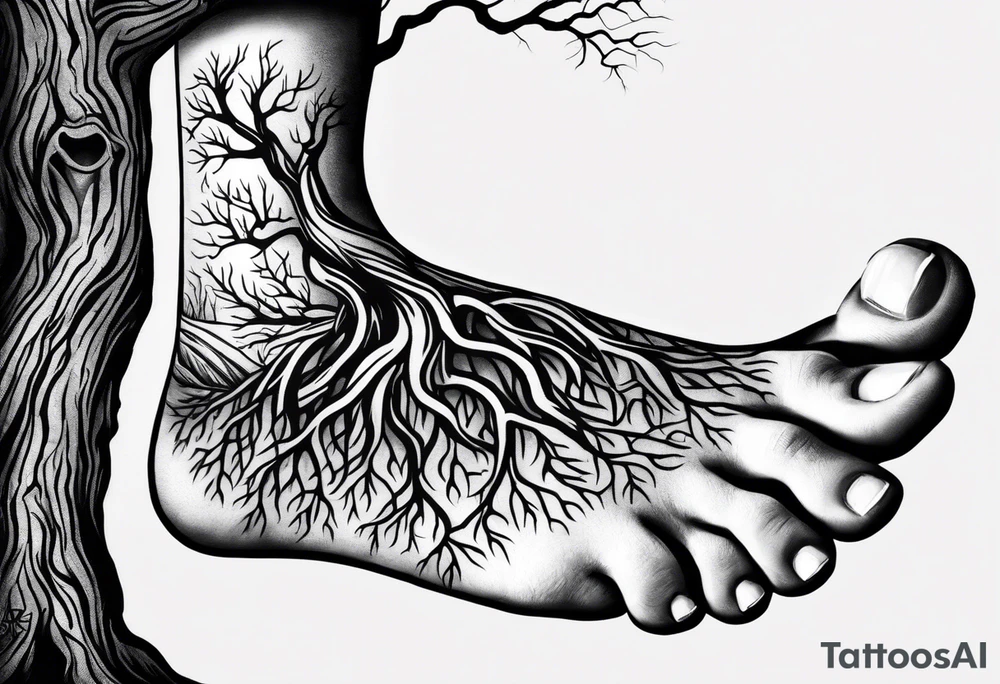 A Tattoo of a tree. Tree roots starting from my toes and growing upwards onto my leg into a tree.size of tattoo should not go above my knee tattoo idea