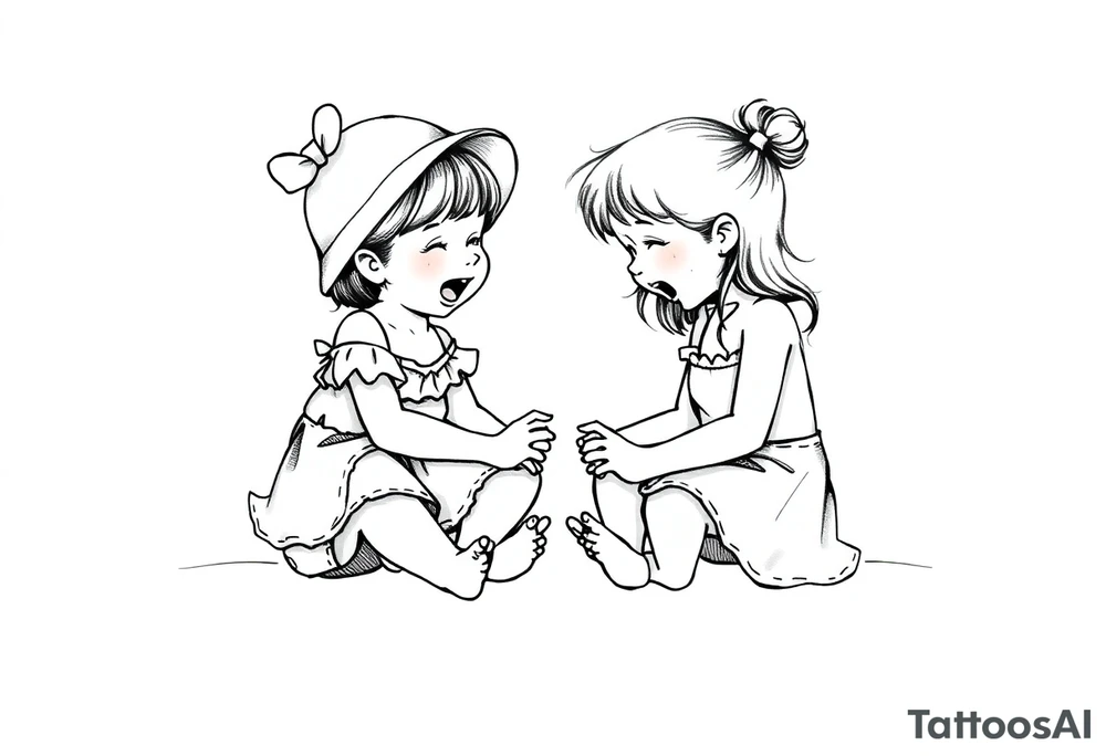Zwei lachende kleine mädchen sitzen sich gegenüber eine hat einen Dutt die andere einen Zopf und sie berühren sich an den Fußsohlen seitenansicht tattoo idea
