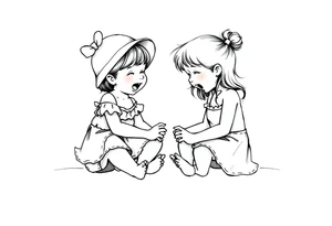 Zwei lachende kleine mädchen sitzen sich gegenüber eine hat einen Dutt die andere einen Zopf und sie berühren sich an den Fußsohlen seitenansicht tattoo idea
