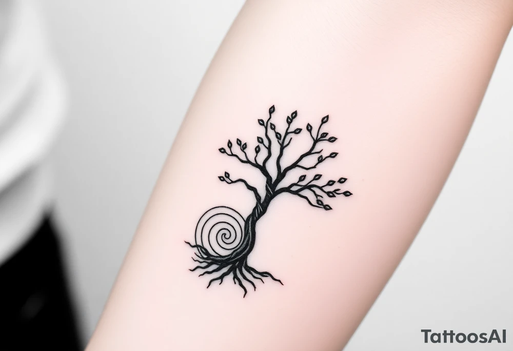 Tree with few leaves, with a SPIRAL line starting from the left side of tree and spiraling outward in a clockwise direction tattoo idea