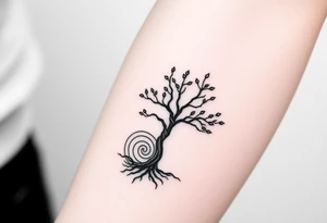 Tree with few leaves, with a SPIRAL line starting from the left side of tree and spiraling outward in a clockwise direction tattoo idea