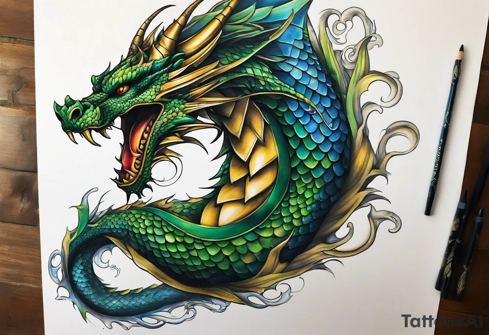 An epic dragon, its body coiling dynamically, with scales and horns detailed to create a sense of movement and strength. The dragon features accents in green, blue, and gold, giving a vibrant depth and a mystical aura. This tattoo highlights the dragon’s fierce expression and sharp claws as it wraps protectively around the leg. Style: Realism tattoo idea