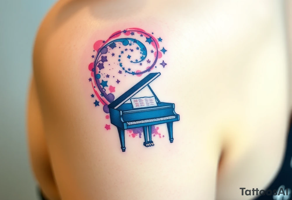 a grand piano under a swirl of stars tattoo idea