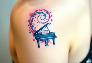 a grand piano under a swirl of stars tattoo idea