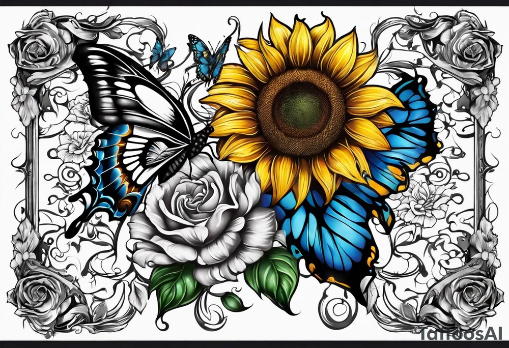 Arm sleeve with Winged cross with sunflower and butterflies tattoo idea