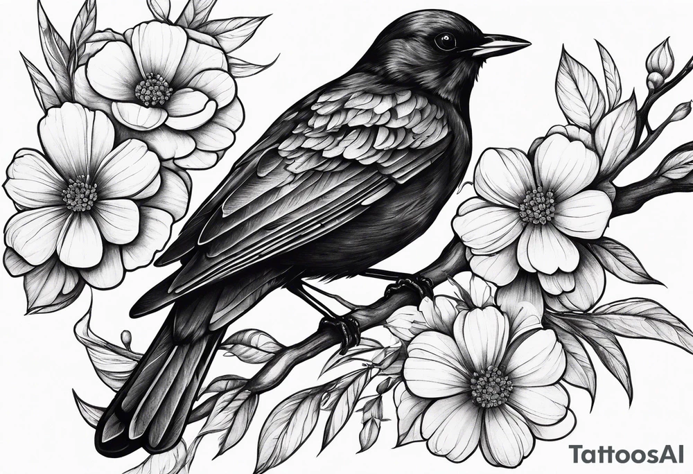 A black bird with its wings up on a branch with flowers tattoo idea