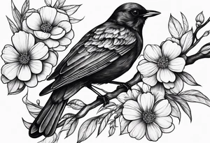 A black bird with its wings up on a branch with flowers tattoo idea