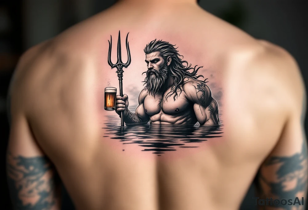 young, fit poseidon in calm water, holding a trident, drinking a beer tattoo idea