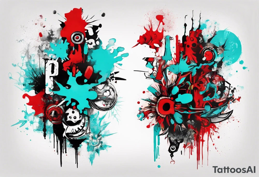 Xoil and Banksy art style, latin america, abstract,  cyan and red, acquarel, fractal, science, tattoo idea