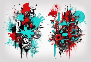 Xoil and Banksy art style, latin america, abstract,  cyan and red, acquarel, fractal, science, tattoo idea