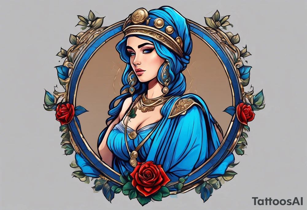 ancient rome clothes women, with ancient scale in one hand, blue rose frames, justicia keeps  scale tattoo idea