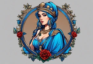 ancient rome clothes women, with ancient scale in one hand, blue rose frames, justicia keeps  scale tattoo idea