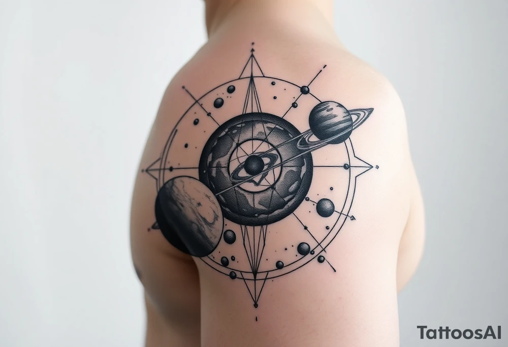 Lower arm sleeve, outer space, planets, geometry, string theory tattoo idea