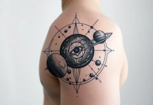 Lower arm sleeve, outer space, planets, geometry, string theory tattoo idea