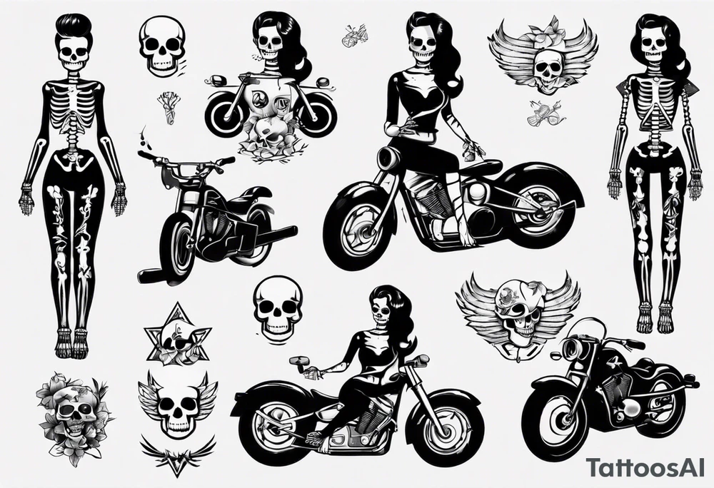 Skeleton pinup doll and motorcycle tattoo idea