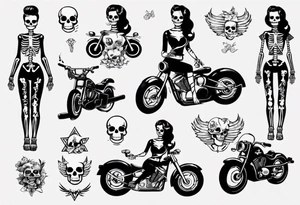 Skeleton pinup doll and motorcycle tattoo idea