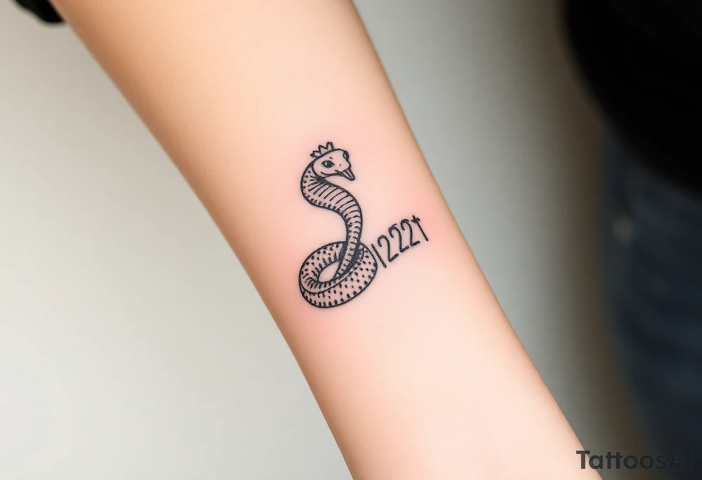 I want a small simple silhouette lines black and white wrist princess like girl snake tattoo that has number 12821 on its body along and also I want it to represent feminine energy crown queen Cycle tattoo idea
