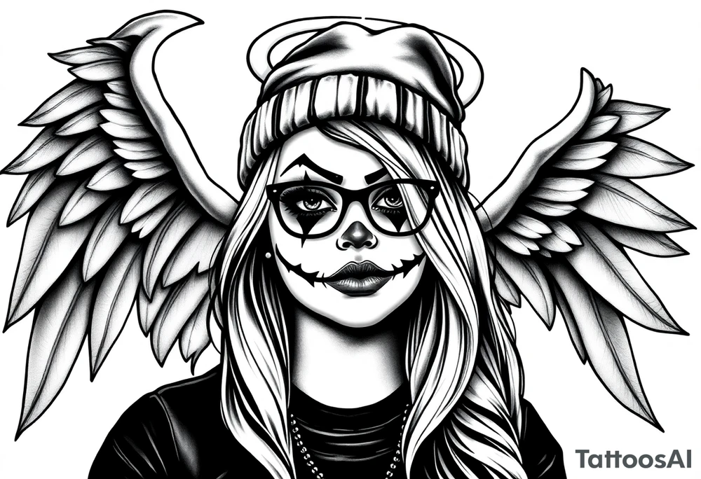 Chicana BBL fat sexy chunky plus size beautiful long hair clown makeup angel wings thug beanie eyeglasses tattoo idea