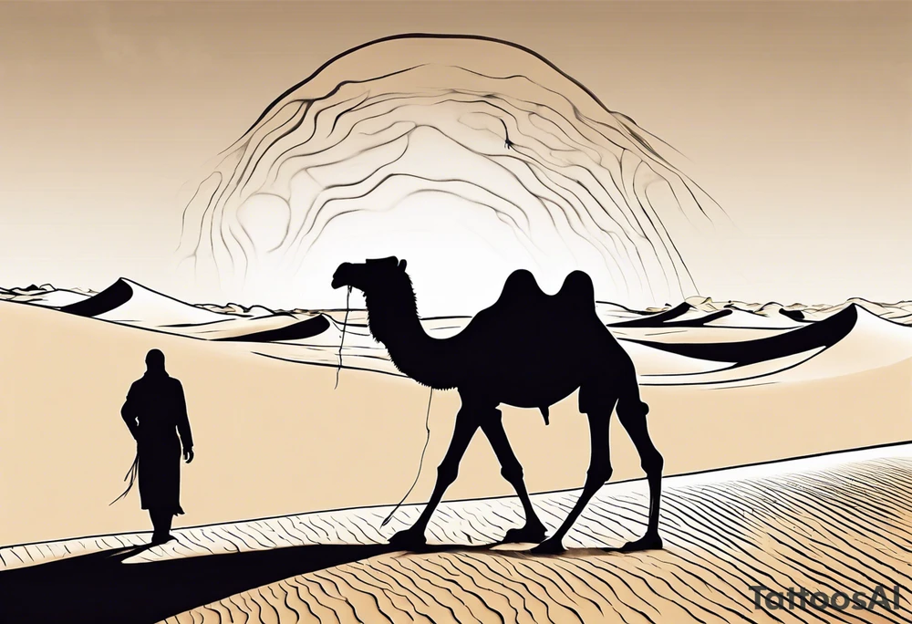 "Design a tattoo depicting a distant view of a vast desert landscape with low, undulating sand dunes. Capture a man and his camel moving away, leaving footprints in the sand, both resilient against the harsh environment. The man covers his face with a long cloth, adding a sense of mystery and solitude to the scene." tattoo idea