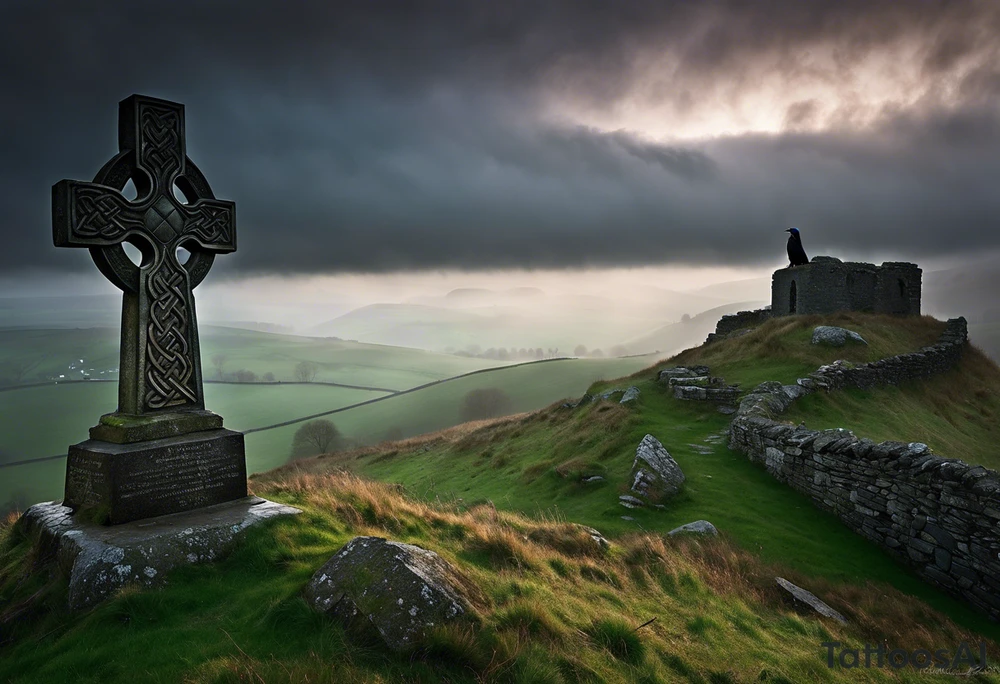 A stone Celtic cross solemnly standing atop a hill, a raven perches atop the cross staring out over the desolation. A ruined stone wall lies crumbling near the cross. Mist rolls along the hilltops adding to the melancholic nature of the scene. Clouds gather in the distance, obscuring the setting sun tattoo idea