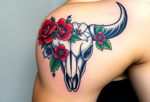 Buffalo or bison skull with flowers. Snow drop and red peony. Green holly with red berries, purple larkspur, red peony.  Colour. For upper arm or shoulder. Masculin. tattoo idea