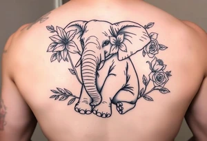 Elephant sitting down holding flowers: lilys, hawthrons, and roses with trunk tattoo idea