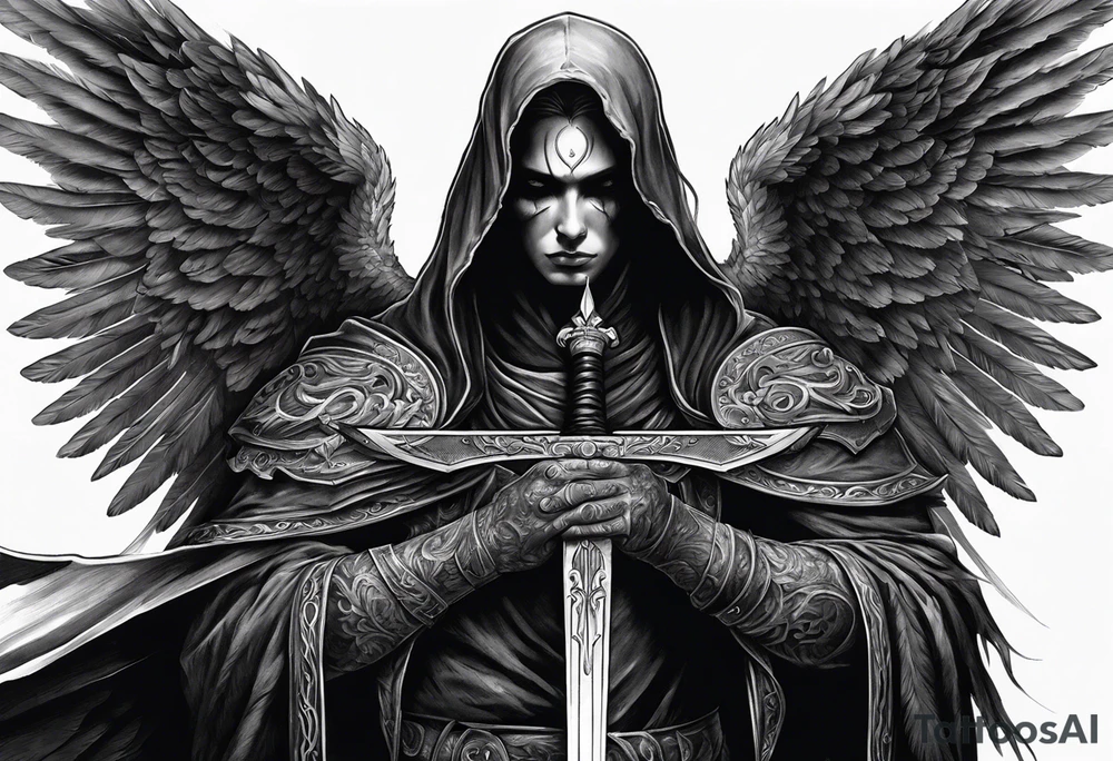 realistic black angel of death, without face, with wings holding one sword in both hands, the sword is held edge toward the ground tattoo idea
