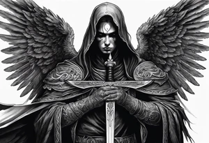 realistic black angel of death, without face, with wings holding one sword in both hands, the sword is held edge toward the ground tattoo idea