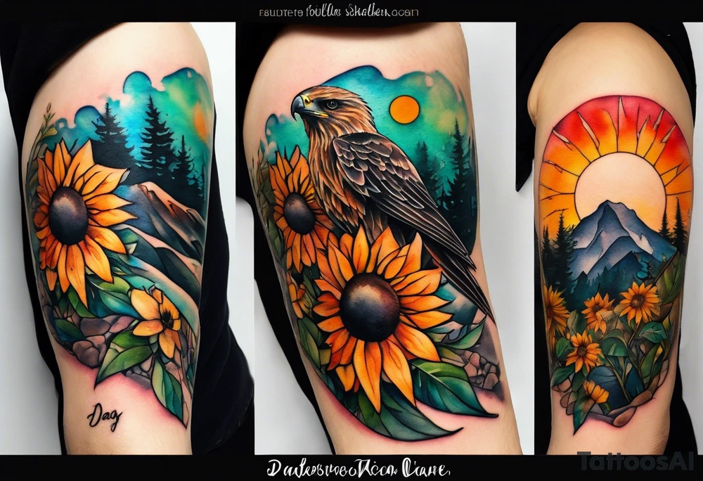 Small Watercolor inside arm tattoo, 4 inches. Black kite (Daya's name), nature (trees/flowers), rock/metal vibe (bold lines), sunflower. Bright colors! tattoo idea