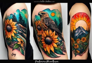 Small Watercolor inside arm tattoo, 4 inches. Black kite (Daya's name), nature (trees/flowers), rock/metal vibe (bold lines), sunflower. Bright colors! tattoo idea