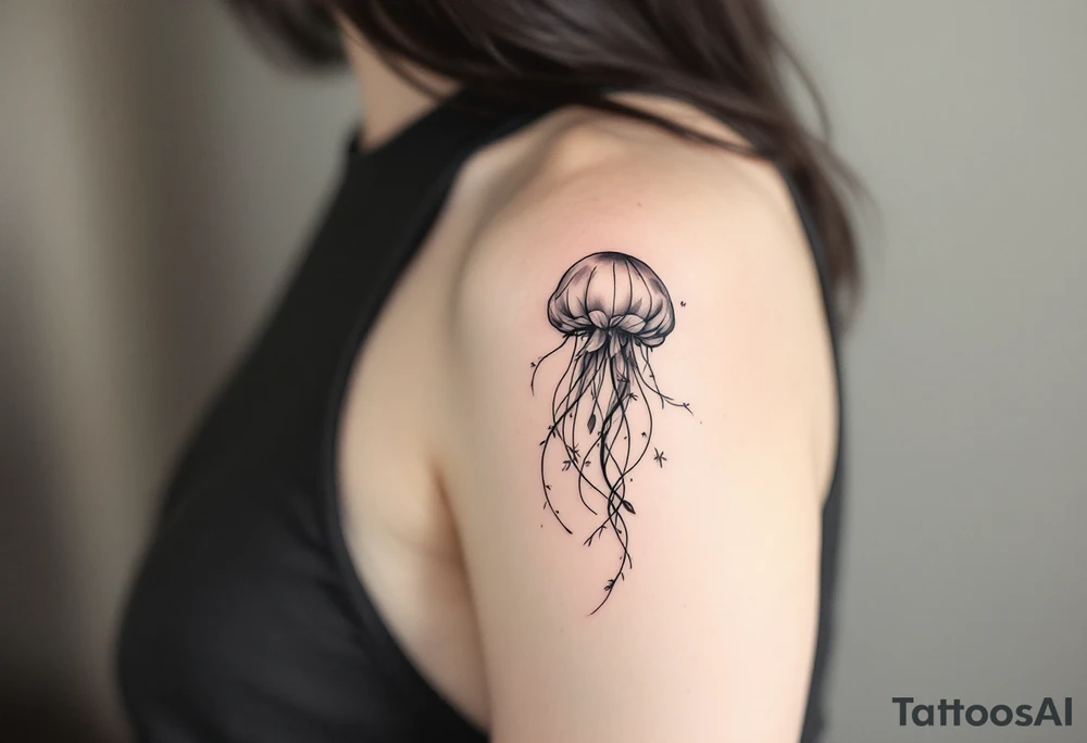 fine-line tattoo, single jellyfish, flowers butterflies composition, jellyfish bell blossoms, butterfly wing dome, flowing trailing tentacles, floral vine tentacles, tentacle streamers, overlapping blossom bell, minimalist elegant design, nature-inspired, delicate black grey lines, soft shading, no outlines, outline-free design, floral jellyfish, botanical sea creature, organic flow, upper arm shoulder placement, light airy feel, poetic minimalism, vine-shaped tentacles, petal tentacle flow, blossom bell composition, wing dome structure, delicate linework, soft botanical shading, nature creature fusion, minimalist intricacy, elegant simplicity, flowing organic movement, shoulder arm curve, lightweight design, subtle detail work, refined botanical elements, understated complexity, clean minimalist lines, gentle nature fusion, trailing floral streamers, jellyfish bell florals, butterfly wing bell, flowing tentacle vines tattoo idea