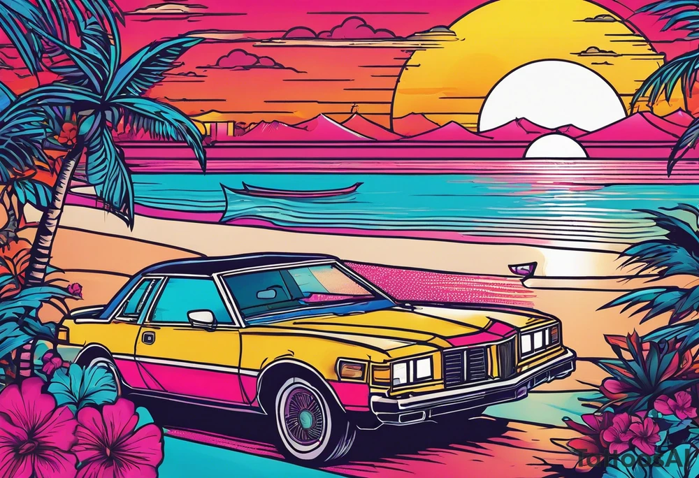 1980's miami vice style beach dance 
party, include confetti, music notes, boom box, bikinis sunset in the center tattoo idea