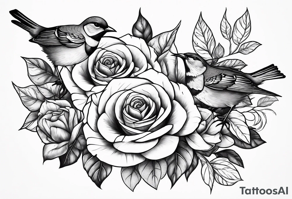 roses with birds and name tattoo idea