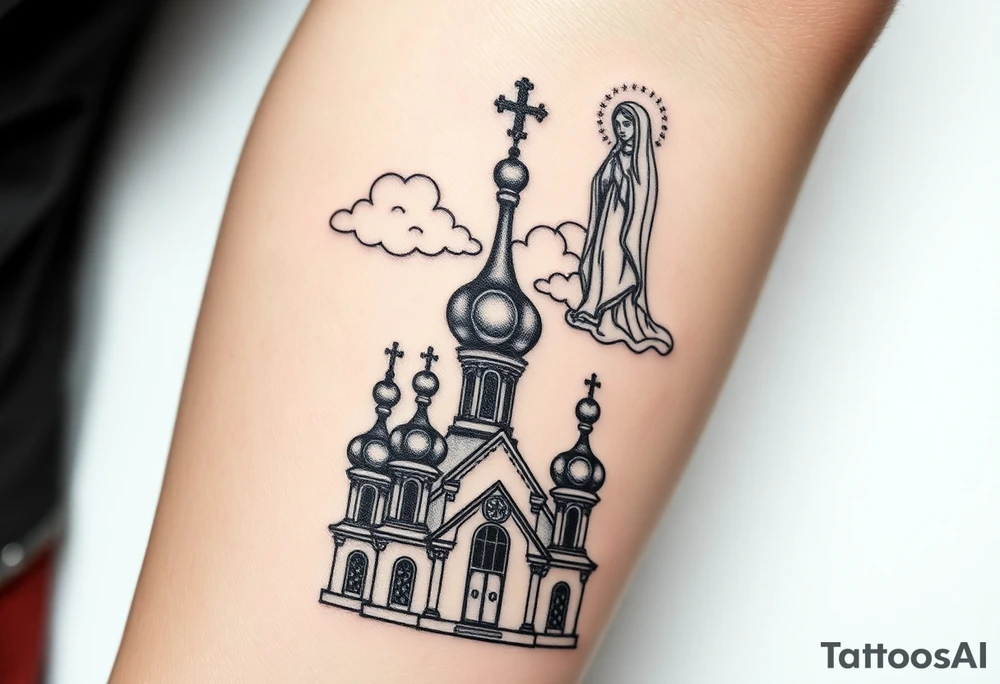 Russian Orthodox church with orthodox spire crosses, with clouds above it and a virgin mary seperately over looking sat above tattoo idea