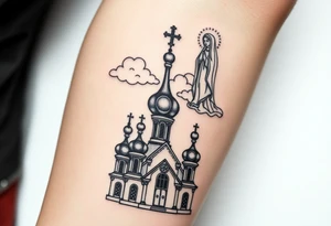 Russian Orthodox church with orthodox spire crosses, with clouds above it and a virgin mary seperately over looking sat above tattoo idea