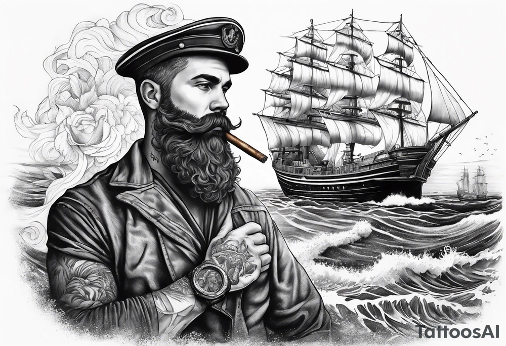 Sailor in
sea with his ship holding his cigar tattoo idea