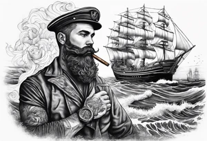 Sailor in 
sea with his ship holding his cigar tattoo idea
