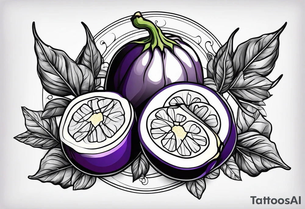 There is a north needle in the center, and outside the north needle there are several leaves of eggplant. tattoo idea