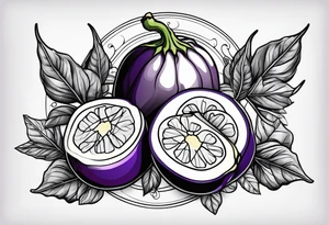 There is a north needle in the center, and outside the north needle there are several leaves of eggplant. tattoo idea