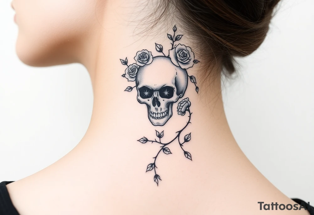 gothic skull intertwined with climbing roses and thorny vines tattoo idea