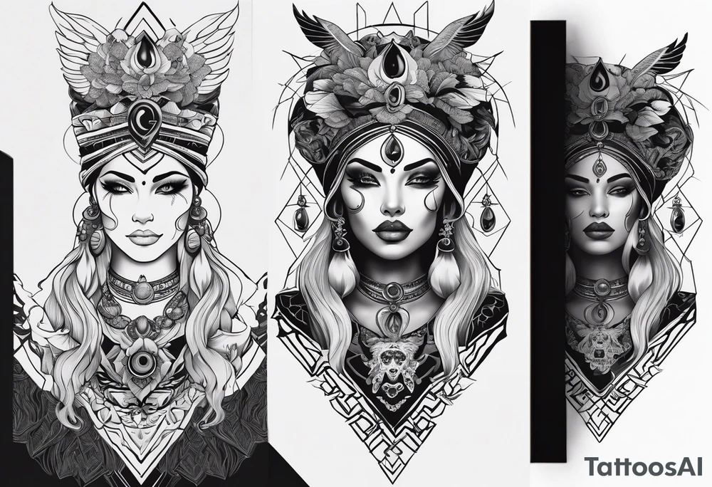 kali ma, alien goddess, valkrye, pirate, divine feminine, zenza resonance, pachamama, lotus azul, blank panther, eagle, skull, 5D, nueva gaya, dna 12 tattoo idea