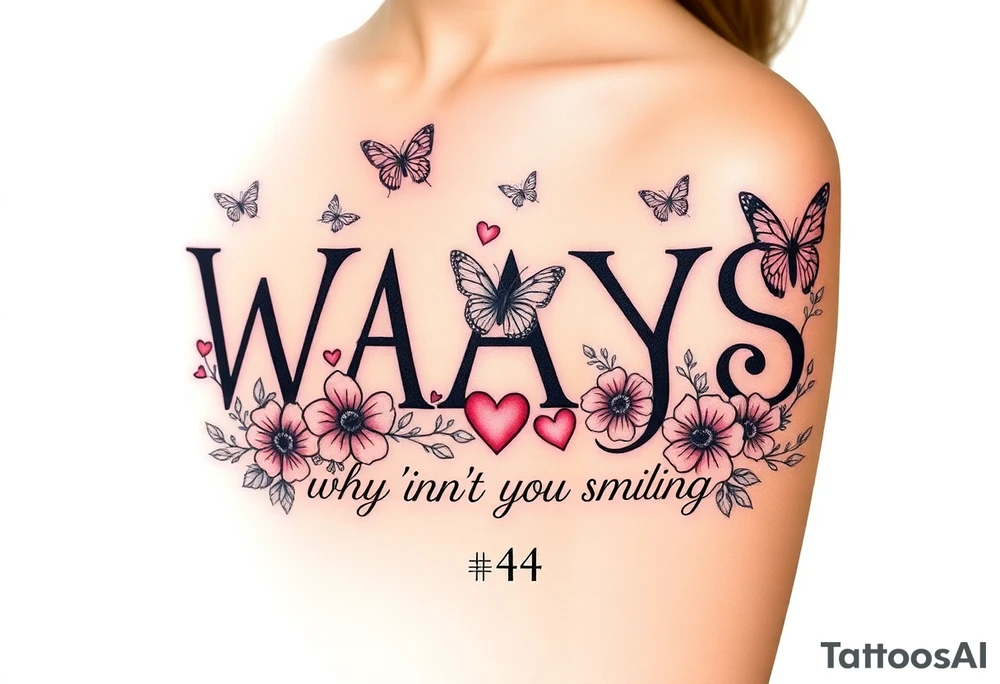 W.A.Y.S spelled out with why aren’t you smiling under neath it with flowers, butterflies and hearts with 444 tattoo idea
