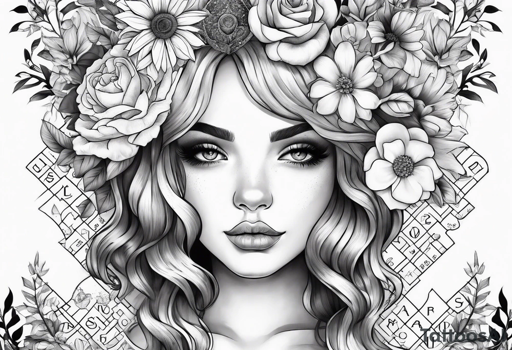 Flowers, Leo, girl with scrabble brain tattoo idea